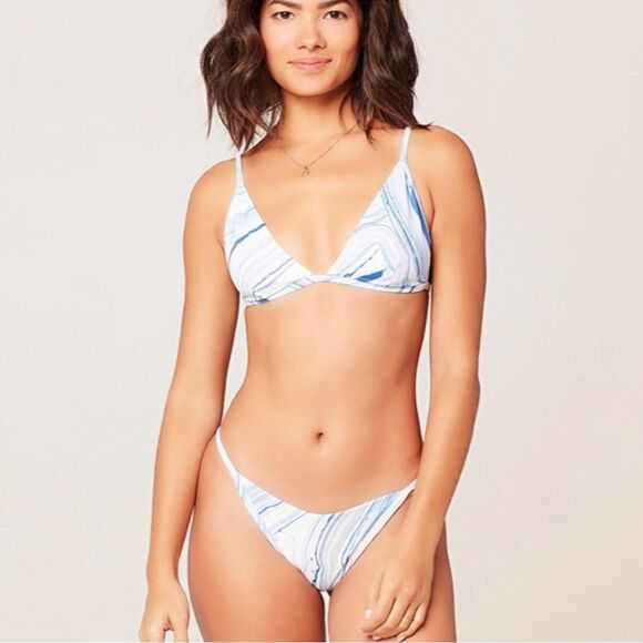 L*SPACE Jay Bitsy Bikini Bottom Cheeky Blue White Marble Pattern Size Medium NEW - Picture 3 of 9